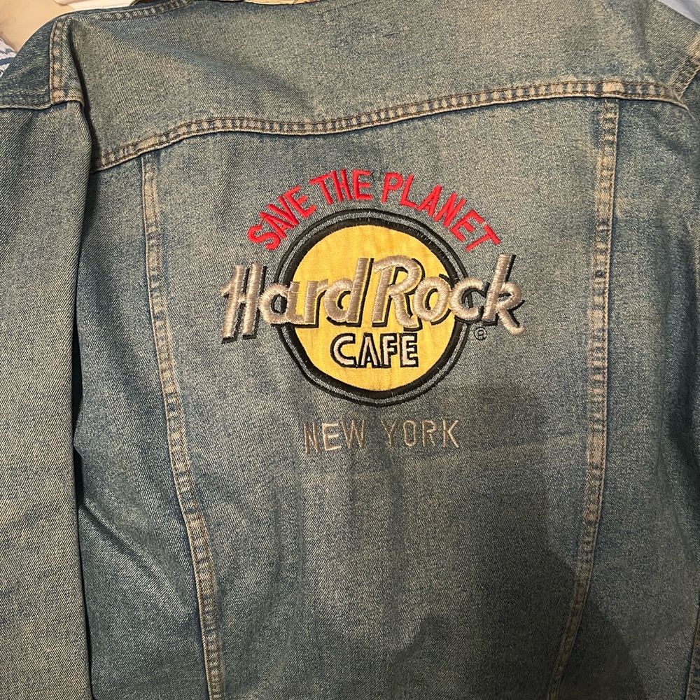 Hard Rock Cafe Blue Denim Jacket with Red and Yellow Logo